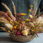 A close-up of someone arranging dried flowers in a bowl.