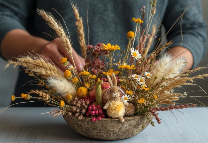 A close-up of someone arranging dried flowers in a bowl.