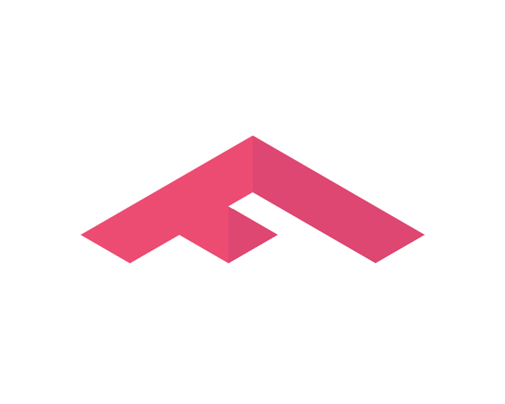 Minimalist logo design featuring an abstract geometric shape resembling an upward arrow or stylized roof structure. The shape is composed of three connected segments in varying shades of pink, creating a sense of depth and dimension. The background is plain white, emphasising the bold, modern design.