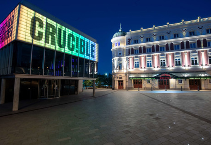 The Crucibleand Lyceum Theatres at night.
