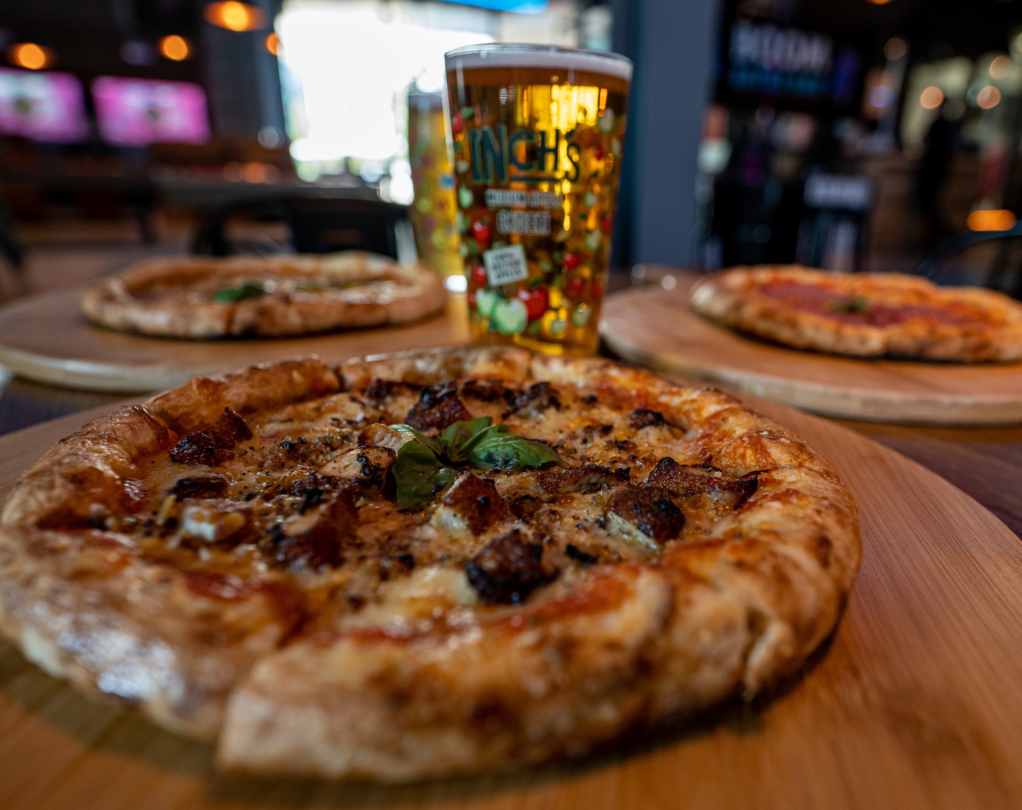 Pizza and beer at Boom Battle Bar.