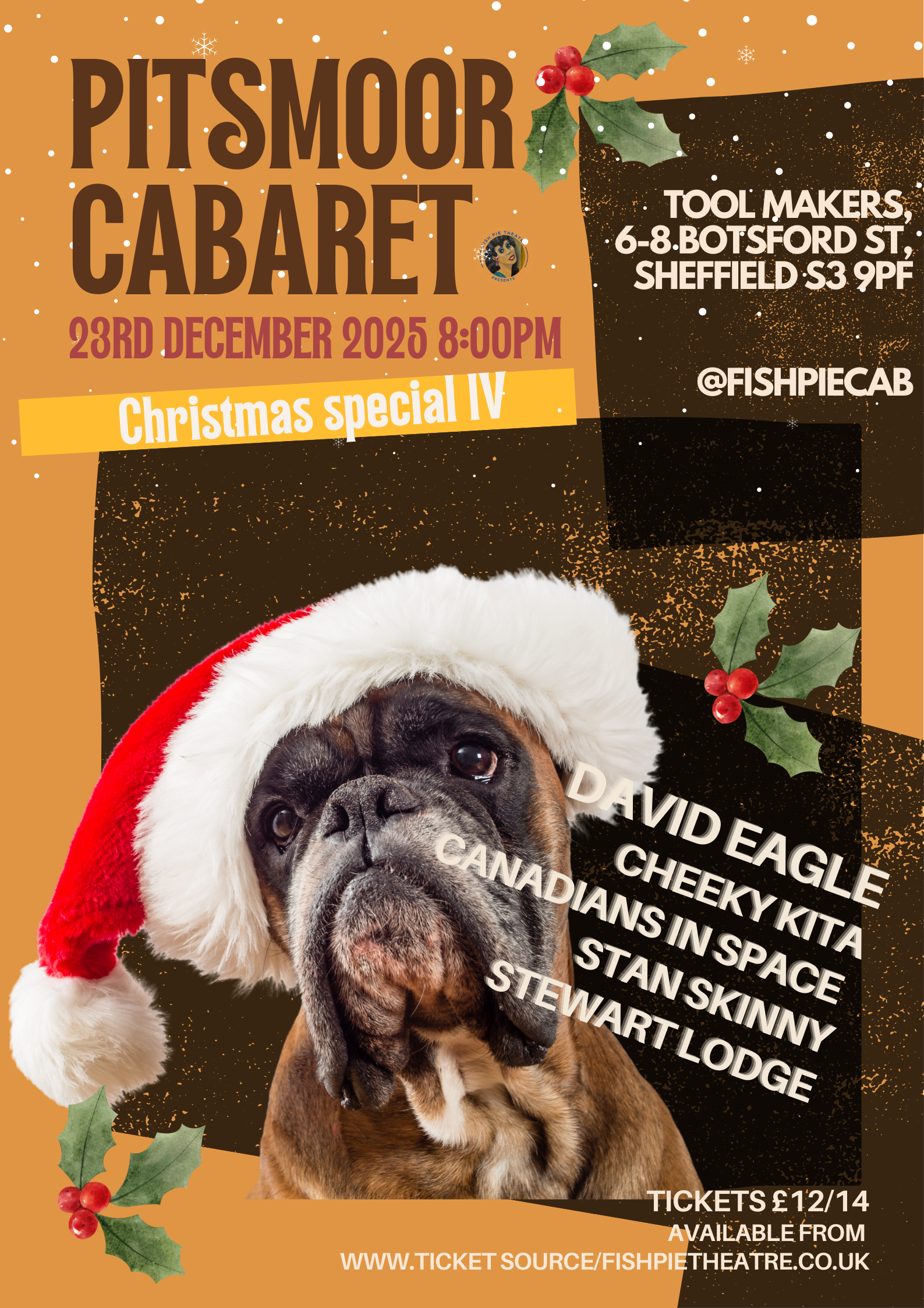 Poster for the event with a Boxer dog wearing a Santa hat.