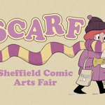 Poster for the event with ab illustration of a person walking along, reading a comic, with their long scarf fluttering behind them 