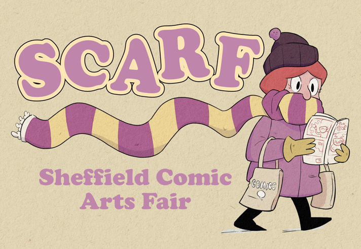 Poster for the event with ab illustration of a person walking along, reading a comic, with their long scarf fluttering behind them 