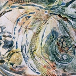 Detail of an abstract print, full of textures and colours.