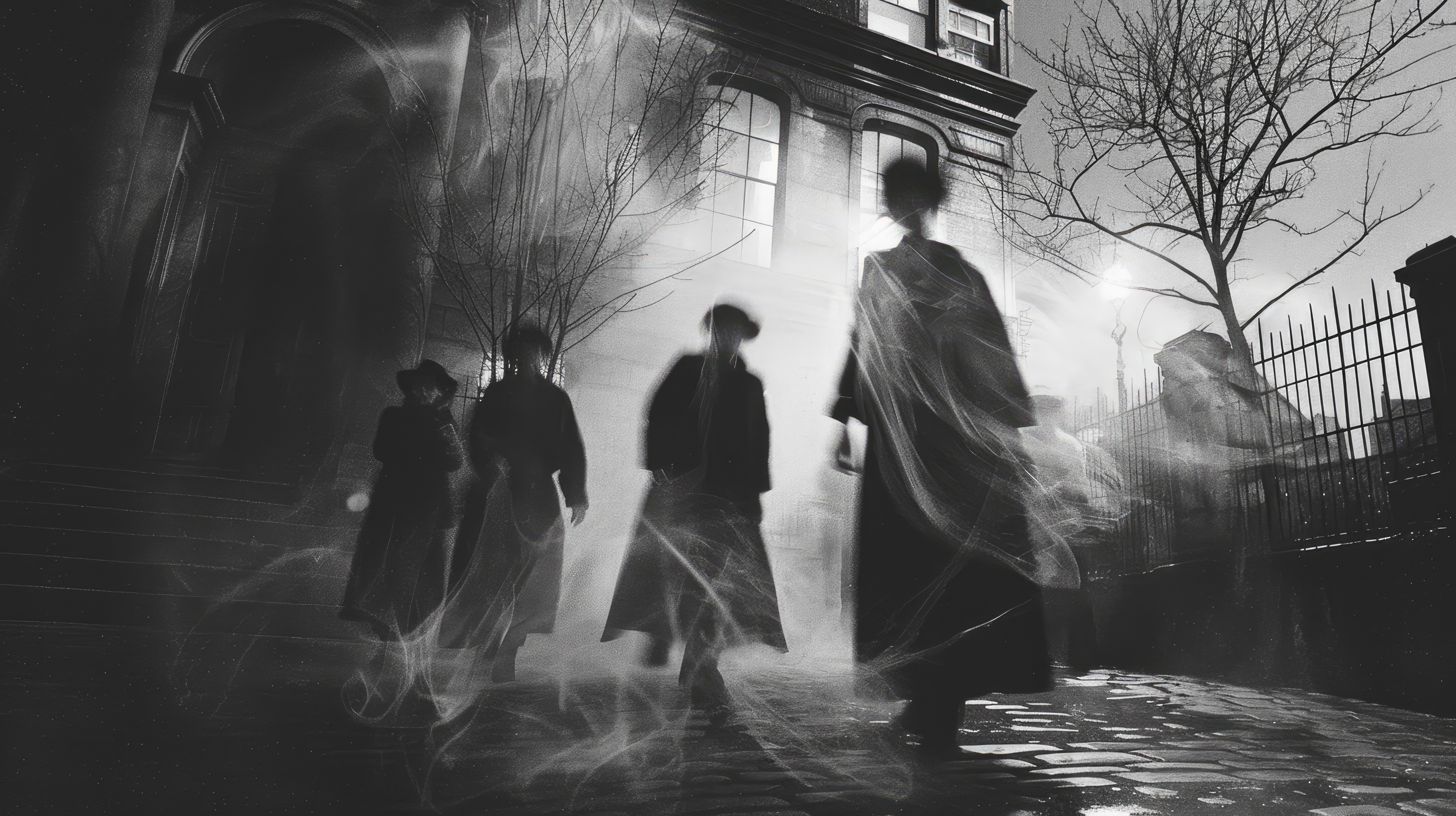 A black‑and‑white, atmospheric street scene at night showing four blurred, shadowy figures walking along wet cobblestones. Mist and swirling light effects create a ghostly, surreal mood. Bare trees, wrought‑iron railings and a tall, old building frame the scene, giving it a mysterious, eerie feel.