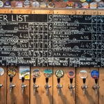 Beers taps and a blackboard with beers listed and prices.