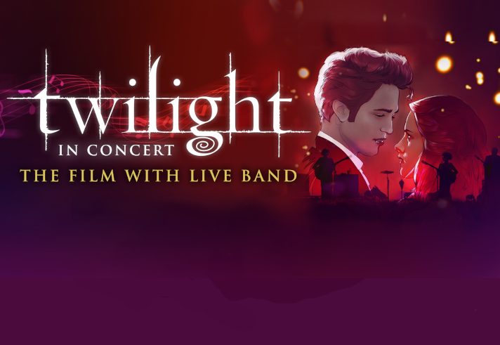 Promotional poster for Twilight in Concert. The design features the title “twilight” in large white letters with “In Concert” below and the tagline “The Film with Live Band” in gold text. The background shows a dramatic scene with silhouettes of musicians and instruments against a deep red and purple gradient, with glowing lights creating a concert atmosphere.