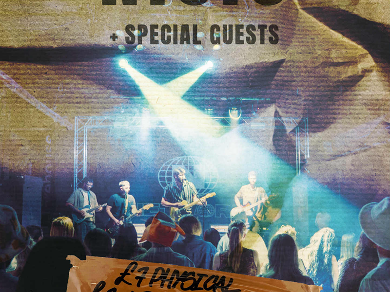 Concert poster for "The N.S.O" with special guests. The background shows a live band performing on stage under bright lights. Event details include the date "14/11/25" and location "Alder, Neepsend, Sheffield, S3 8BT." Ticket prices are listed as £7 for physical tickets and £7 plus booking fee online.
