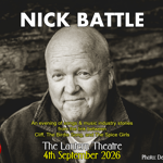 Promo image for the event featuring a black and white head shot of Nick Battle.