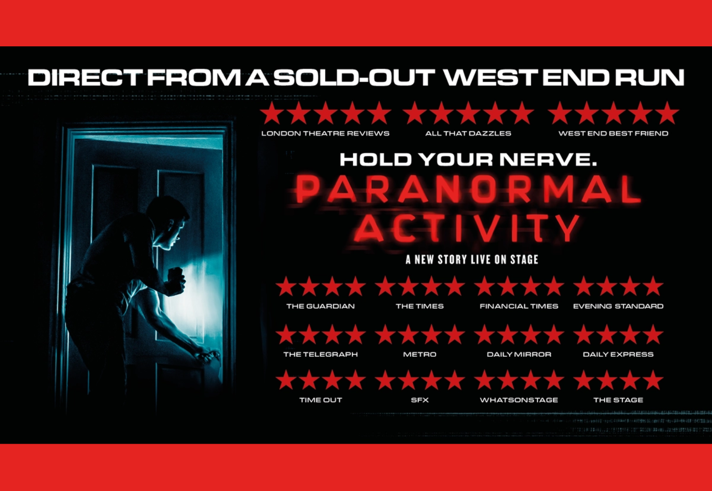 Poster for the event with a person open a door in a dark house, and looking into the room with a torch.