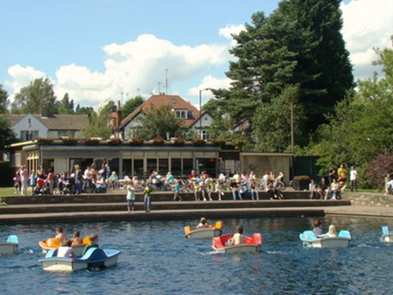 Exterior of Millhouses Park Cafe as seen from across the boating pond.