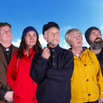 Five people in a row, all with their eyes raised towards the sky.