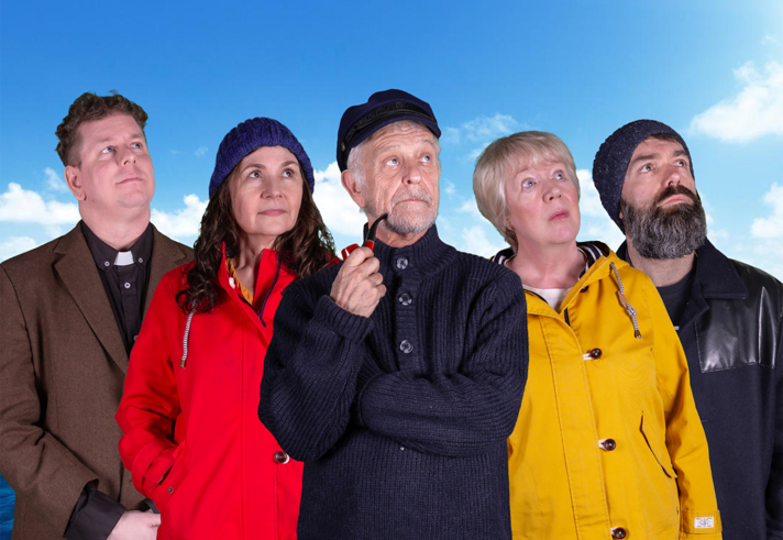 Five people in a row, all with their eyes raised towards the sky.
