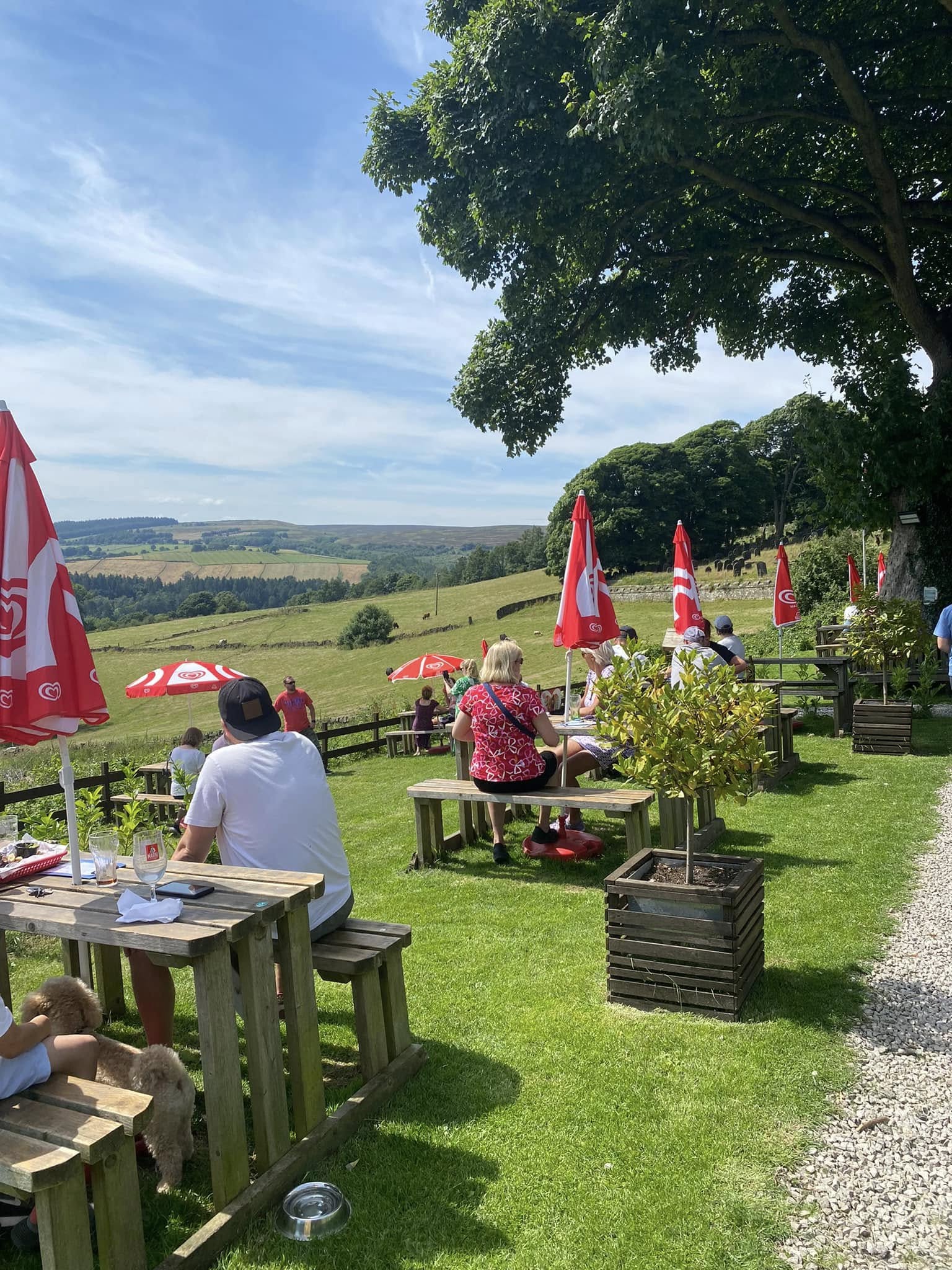 People sitting at wooden picnic tables in The Old Horns Inn beer garden on a sunny day, surrounded by red parasols, green lawns and sweeping views of the rural landscape.