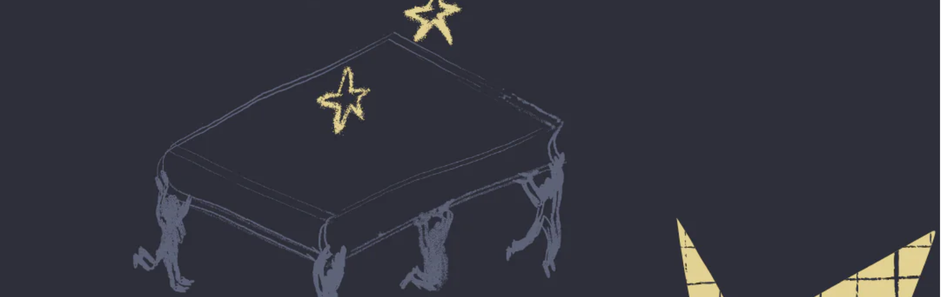 Hand-drawn illustrations of an ottoman and stars, in gold, on a black background.