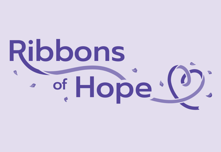 The Ribbons of Hope logo, with the words 'RIBBONS OF HOPE' on a lilac background.