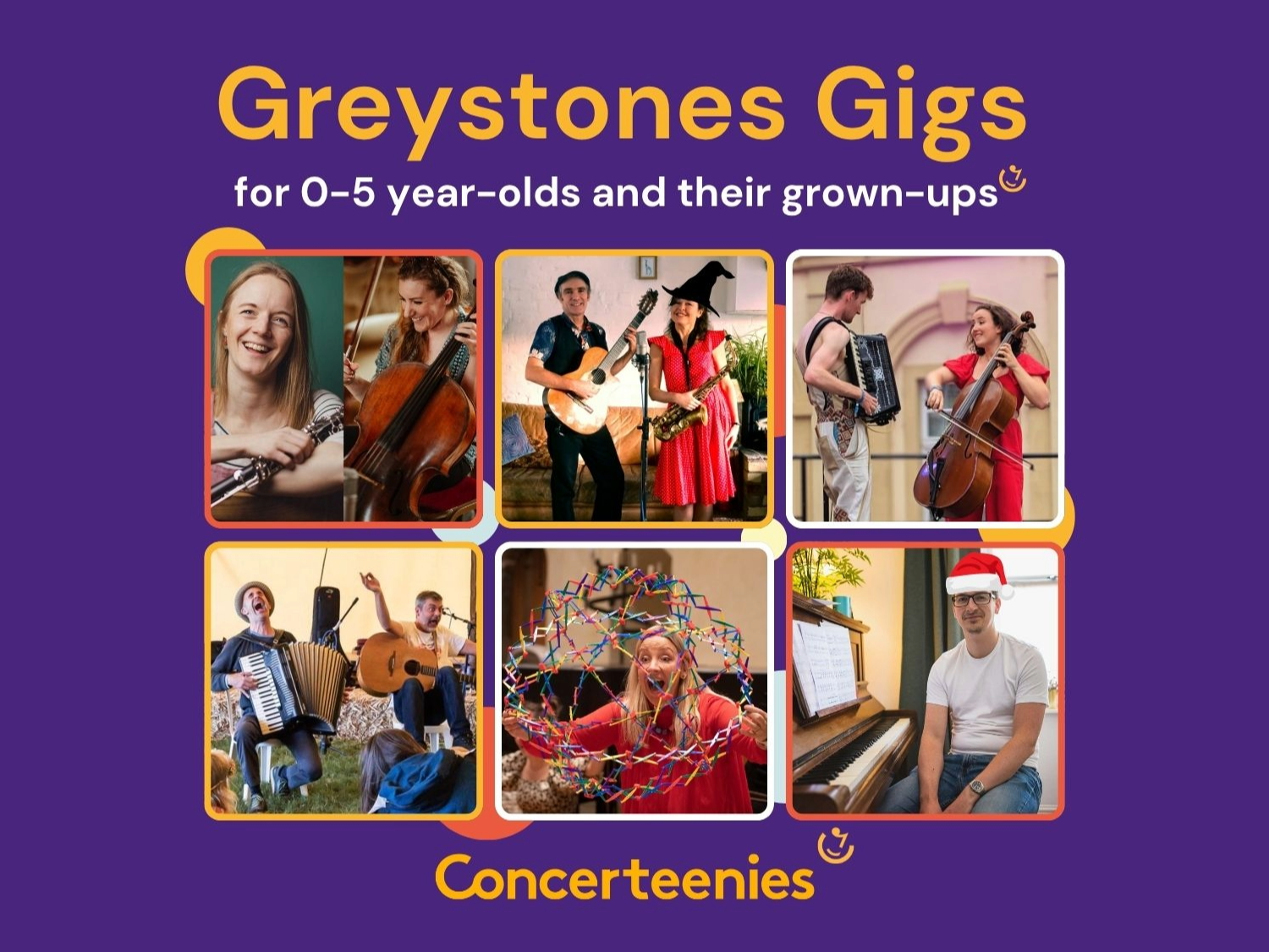 Event poster with six photos of people performing on musical instruments and singing. 