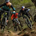 Three people riding mountain bikes at speed through Fox Valley.