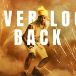 Promo image for 'Never Look Back' with a man surrounded by smoke and explosions.