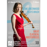 Poster for the event, listing the details, and a photo of Esme Greenwood posing with her violin. 