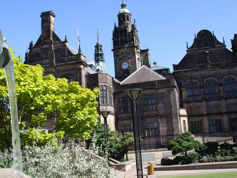 Sheffield Town Hall as seen from The Peace Gardens on a sunny day.