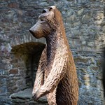A bronze statue of a bear in the bear pit at Sheffield Botanical Gardens.