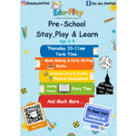 Flyer for Edu-Play Sheffield promoting a pre-school “Stay, Play & Learn” session for ages 3–5. The design features colourful stacked books listing activities: “Mark Making & Early Writing,” “Maths,” “Creative Arts & Crafts,” “Physical Development,” “Reading,” “Phonics,” “Story Time,” and “And Much More.”  Includes QR code for booking and website eduplay.uk, with playful icons like dice, pencils, and balls on a light blue background.