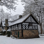 The Bishop's House in the snow. The bottom half of the building is stone and the top half is black and white timbers.