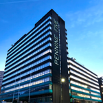 A tall, modern office block.