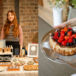 A split picture, one side a person stands behind a table filled with jewellery; the other side is a close up of flan covered in summer fruits. 