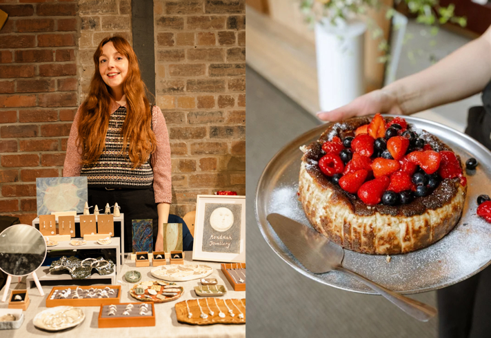 A split picture, one side a person stands behind a table filled with jewellery; the other side is a close up of flan covered in summer fruits. 