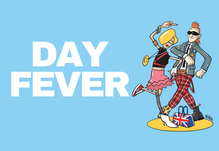 The words: 'Day Fever' on a pale blue background next to a Pete McKee illustration of two people dancing.