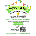 Promo poster for the Moss Valley Charity Barn Dance listing all the details of the event surrounded by bunting.