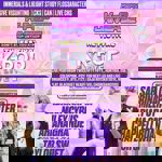 A colourful K‑pop festival poster with a purple‑pink gradient background decorated with bubbles and stars. The title “K‑POP UNIVERSE: The Festival” appears at the top, with “K‑POP LIVE” in large metallic text. Two stylised 3D characters stand on either side of the poster, each posing in front of a soft cityscape. The poster advertises live K‑pop performances, choreography, dancers, and tribute acts for Sabrina Carpenter, Miley Cyrus, Ariana Grande, Chappell Roan, and Taylor Swift. 