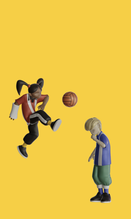 A digital image of a girl and a boy playing football on a yellow background.