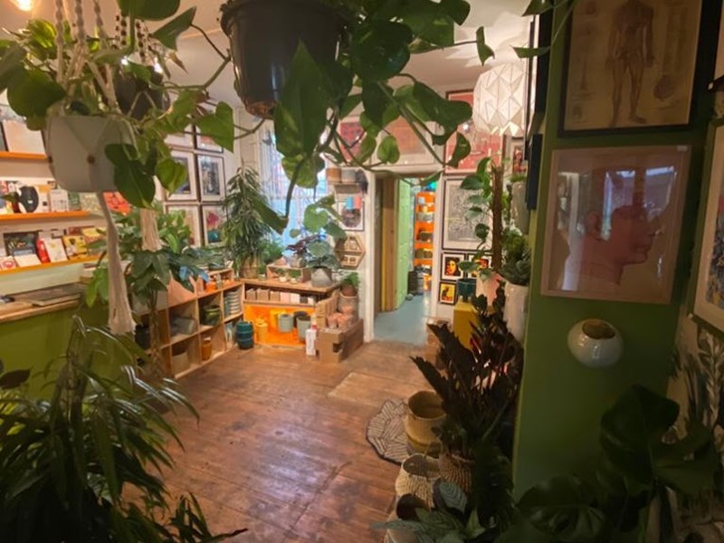 The inside of the Gravel Pit Shop. The shop is filled with wooden shelves packed with a huge array of potted plants.