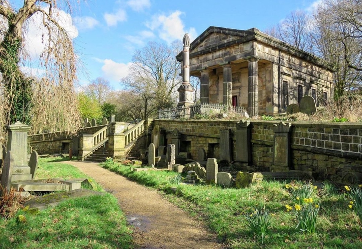 Samuel Worth Chapel at Sheffield General Cemetery in the sunshine.
