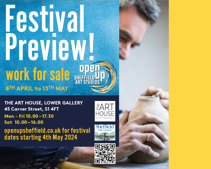The cover of the Open Up Festival 2025 guide, with a close up of a potter making a vase on a wheel.