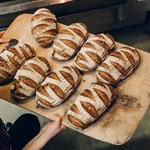 Eight loaves of bread being taken out of the oven.