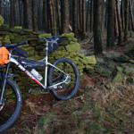 A bike leans up against an old, mossy wall in a wood.