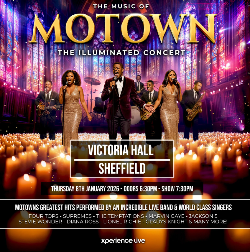 Promotional poster for “The Music of Motown: The Illuminated Concert” at Victoria Hall, Sheffield. The image shows a live band and singers dressed in elegant attire performing on stage, surrounded by glowing candles and vibrant stained-glass windows. Event details: Thursday 8 January 2026, doors 6:30pm, show 7:30pm. Features Motown classics by artists like Four Tops, Supremes, The Temptations, Marvin Gaye, Jackson 5, Stevie Wonder, Diana Ross, Lionel Richie, and more.