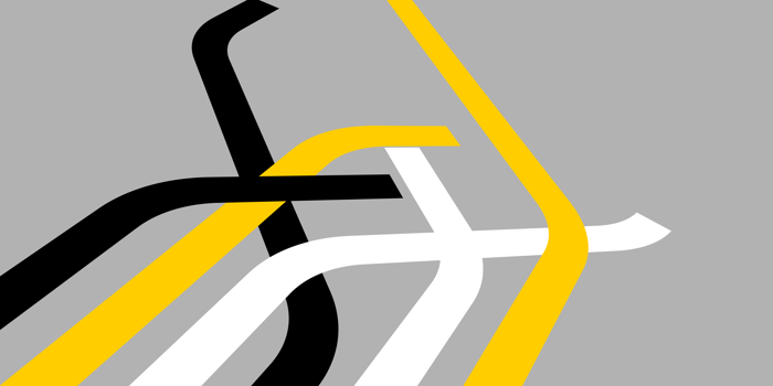 Abstract graphic design on a grey background featuring intersecting curved lines in black, white, and yellow, creating a dynamic, layered pattern.