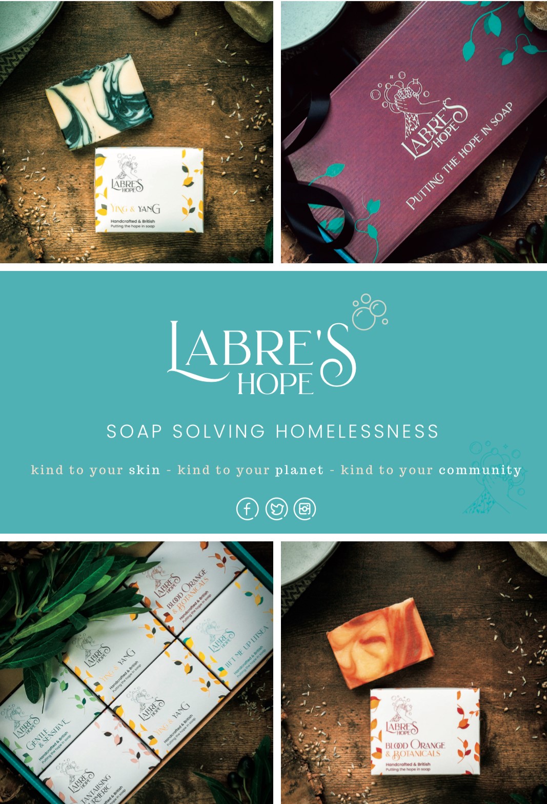 Promotional collage for Labre's Hope featuring artisan soap bars in various designs and packaging, including marbled patterns and branded boxes, with the tagline 'Soap Solving Homelessness' and phrases 'kind to your skin, kind to your planet, kind to your community' on a teal background.