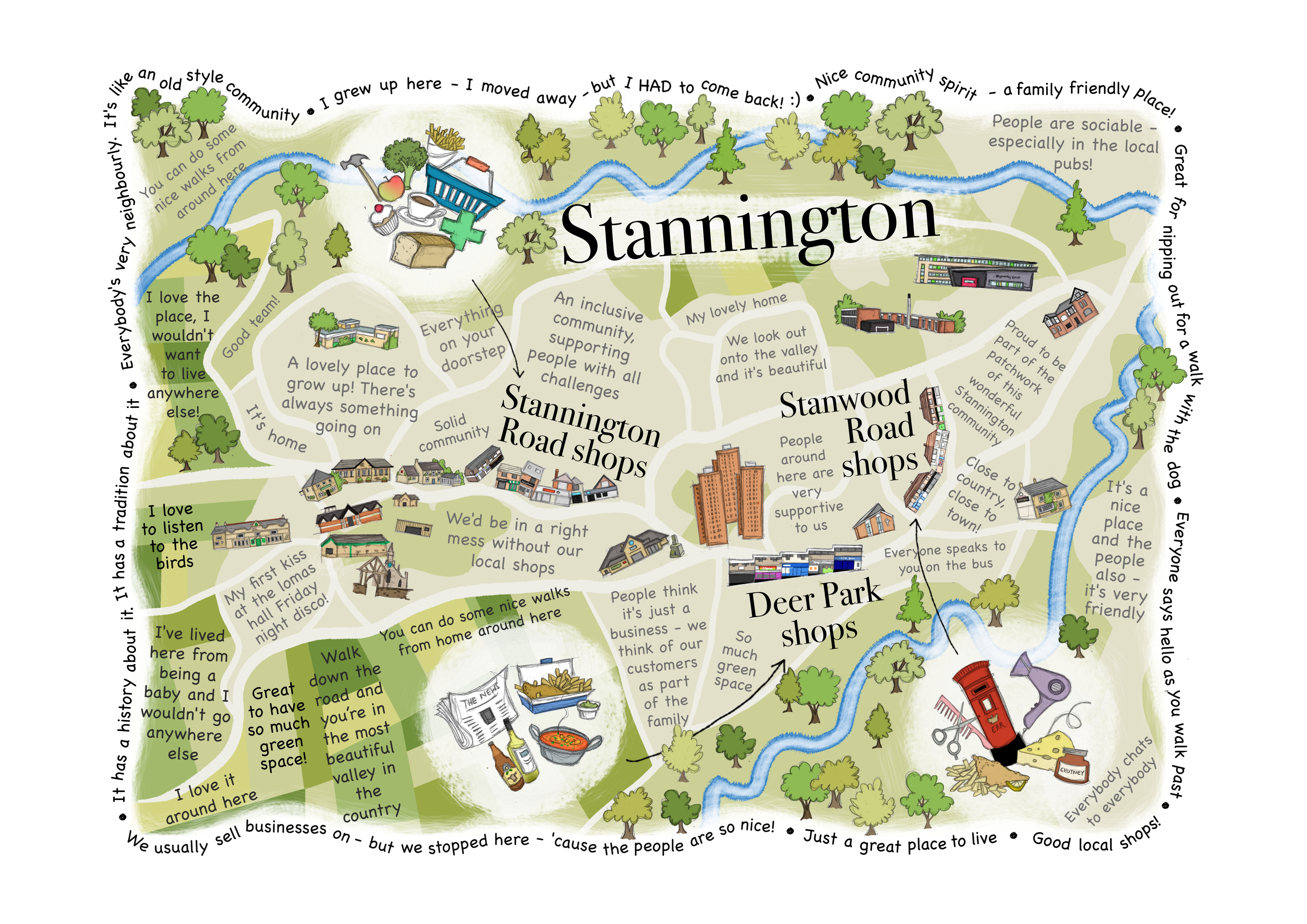 Designed by a local artist with community collaboration, the Stannington traders created a map of the three main retail areas, peppered with positive quotes about why people love the area.