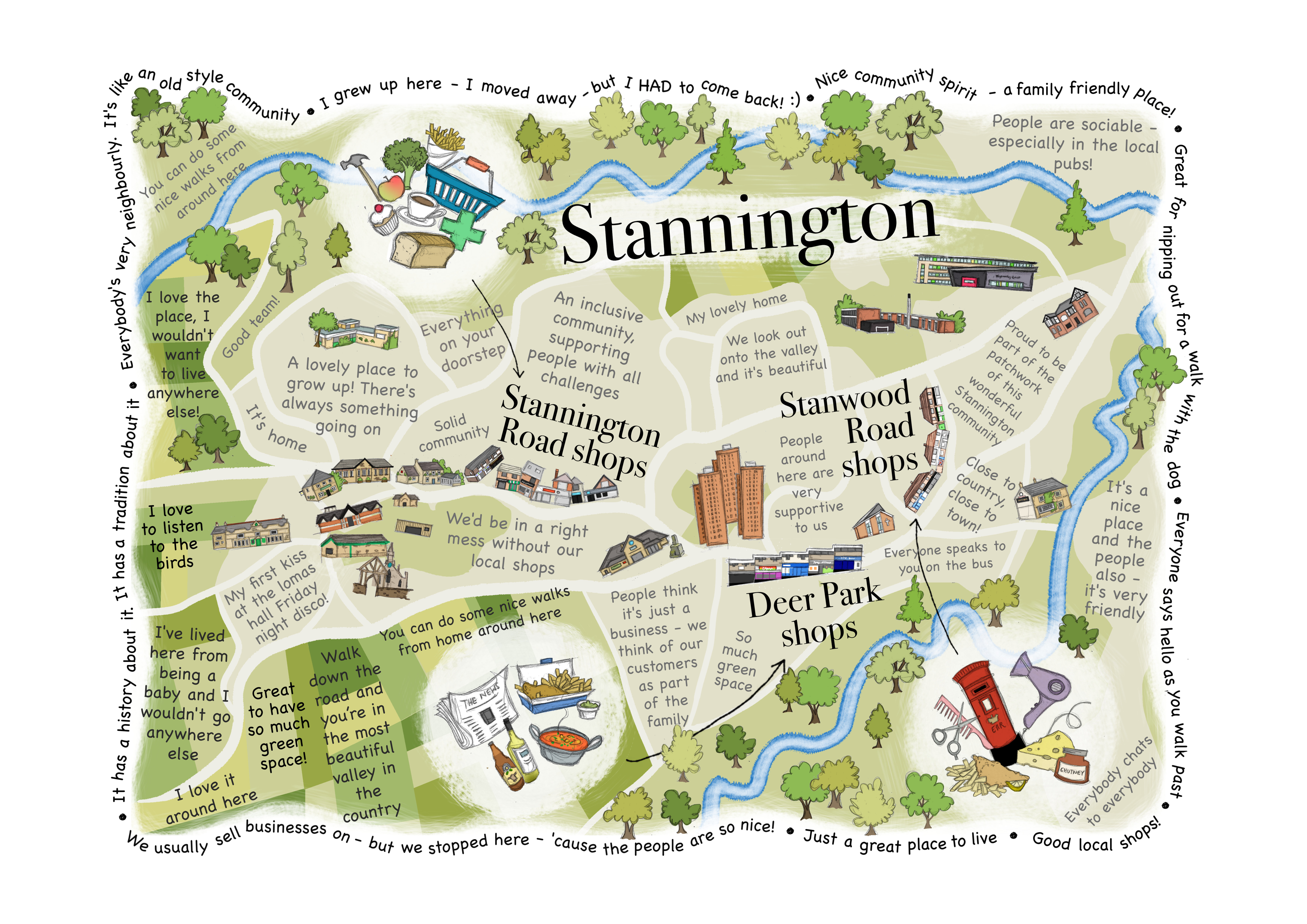 Designed by a local artist with community collaboration, the Stannington traders created a map of the three main retail areas, peppered with positive quotes about why people love the area.