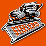 The Sheffield Steelers ice hockey team logo on a bright orange background.