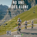 Poster for the event that features a photo of cyclists racing on a road that runs through a mountain range.