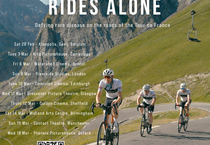 Poster for the event that features a photo of cyclists racing on a road that runs through a mountain range.