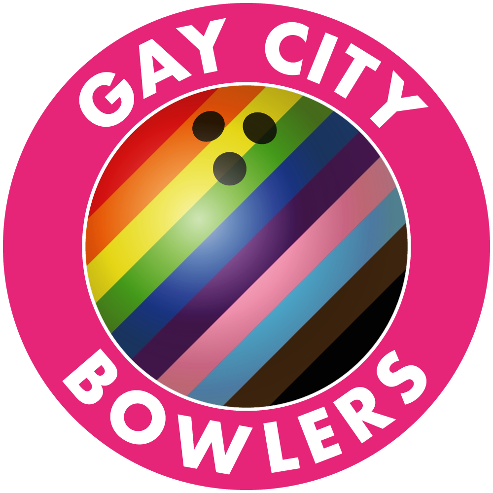 The Gay City Bowlers logo that features a rainbow striped ten pin bowling ball.
